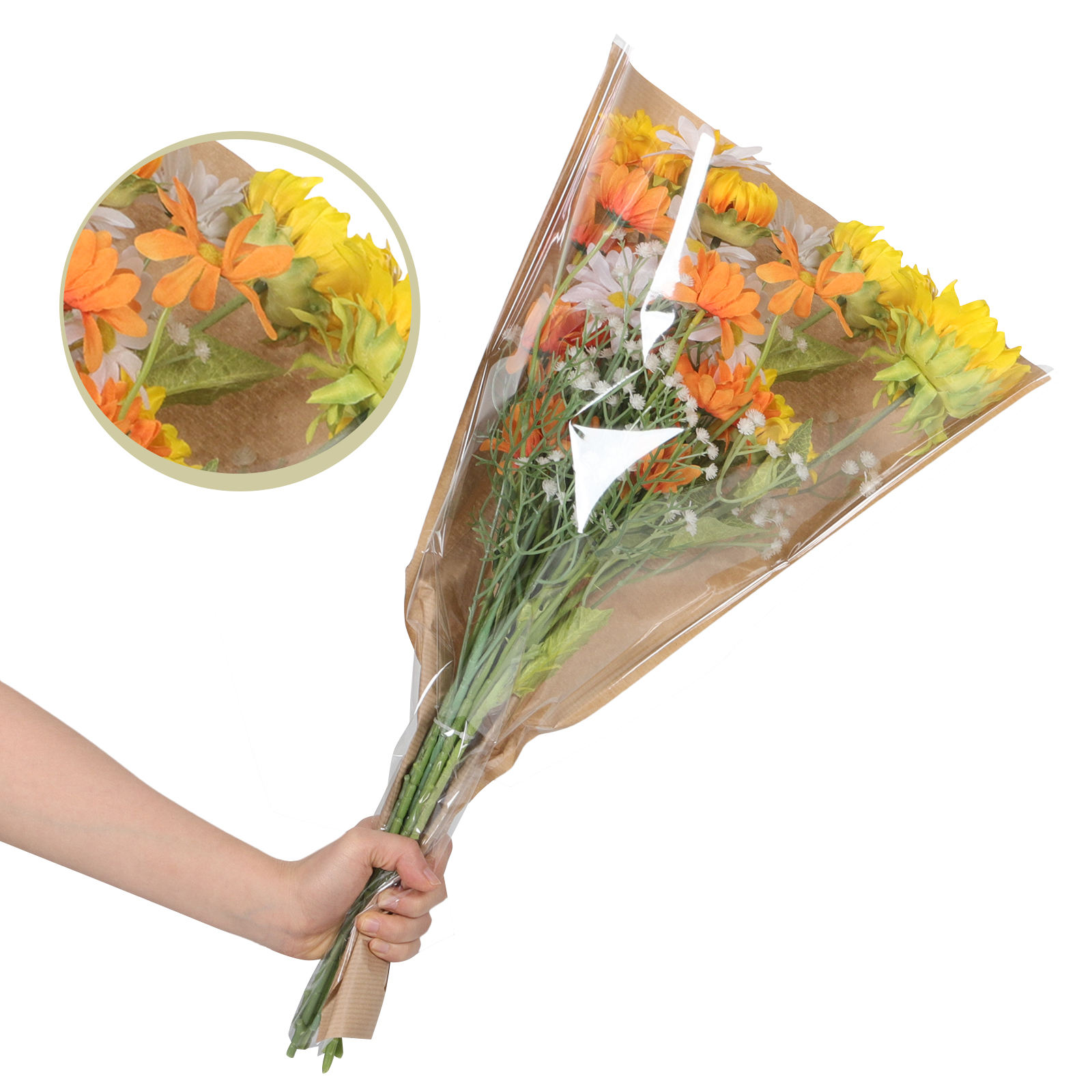 RENACLIPY Clear Floral Wrapping Bags with Brown Paper Design, 50 Pieces for Birthday Party Favors and Decorations