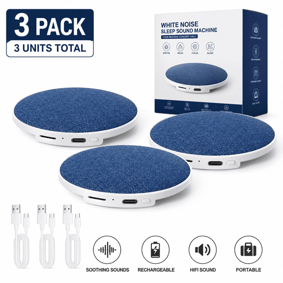 3-Pack Portable White Noise Sleep Sound Machine with Fabric Cover (Navy Blue), Rechargeable Soothing Audio Speaker with USB Cable