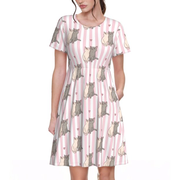 Balery Heart Cat Vestidos sueltos de manga corta para mujer, vestidos de verano 2025, vestidos casuales de corte A con vuelo.