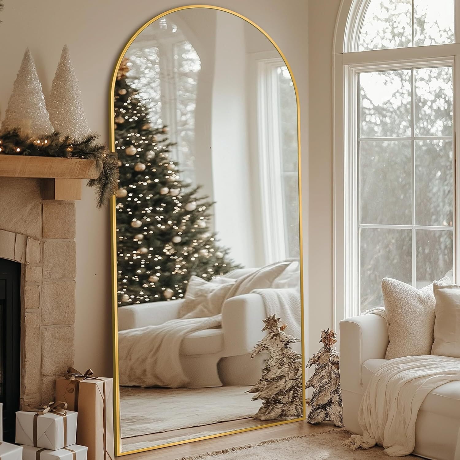 Anyrose 76"x 34" Arched Full Length Mirror Floor Mirror with Stand Wall-Mounted,Gold