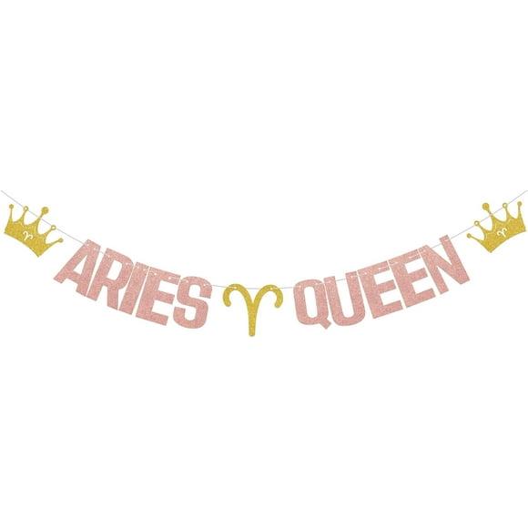 Aries Queen Banner, Happy Birthday Aries Party Decoration, Big Aries Energy Banner, Funny Aries Girl Birthday Party Supplies Rose Gold Glitter