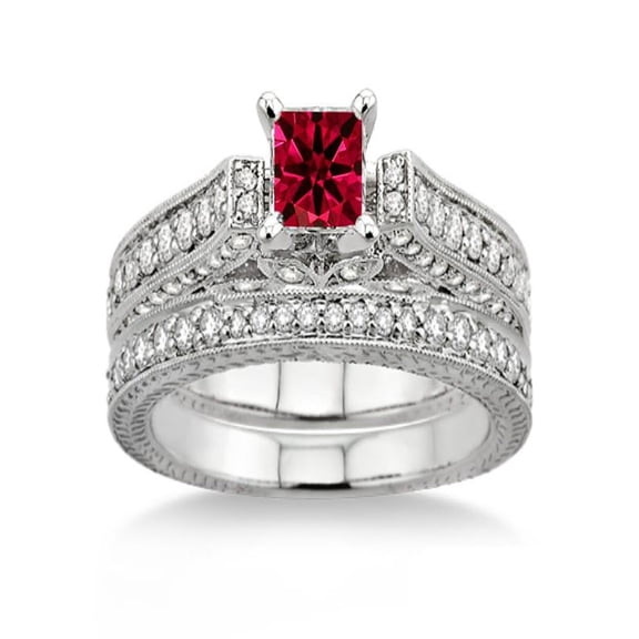 2 Carat Ruby & Diamond 2.10 Carat Ruby & Diamond Antique Bridal Set Engagement Ring on 10k White Gold
