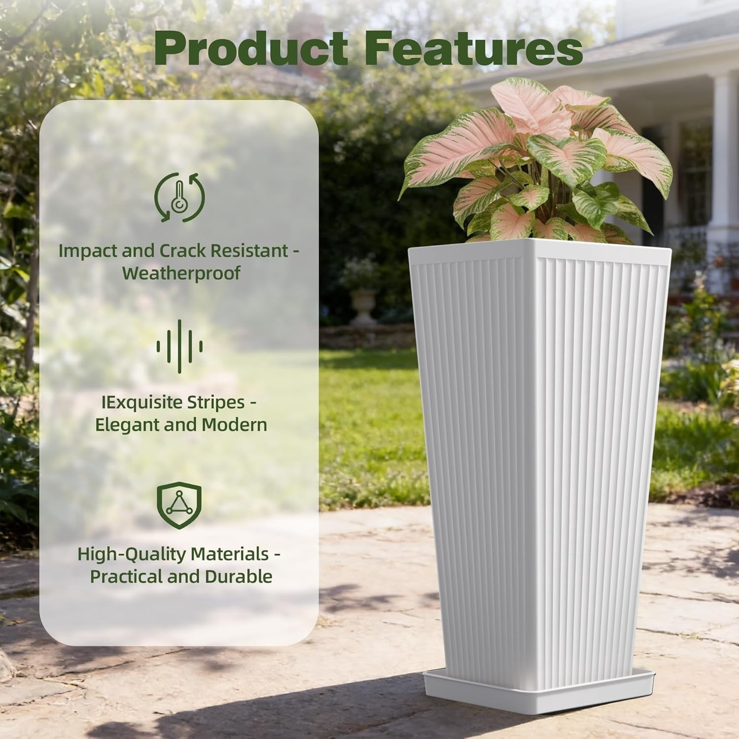 TOPCOMFY Tall Planters for Outdoor Plants Set of 2, 23.6" Modern Tapered Indoor Flower Pots with Drainage Holes/Partition/Tray for Porch Patio Garden, White