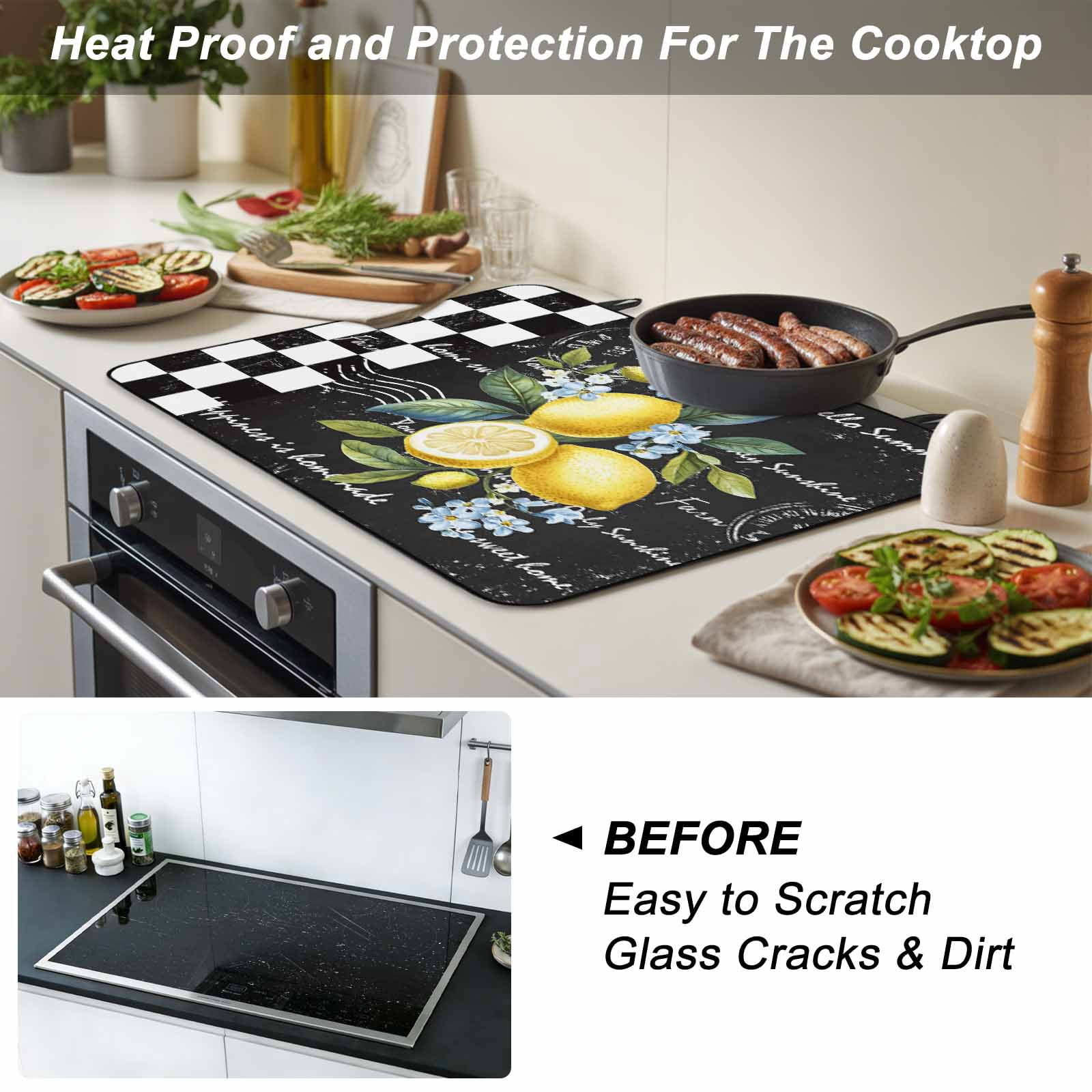 Summer Lemon Stove Top Cover for Electric Stove, Heat-proof & Non Slip Glass Top Stove Cover Protector, Vintage Black Plaid Blue Spring Floral Kitchen Flat Cooktop Rubber Mat 24x21 Inches