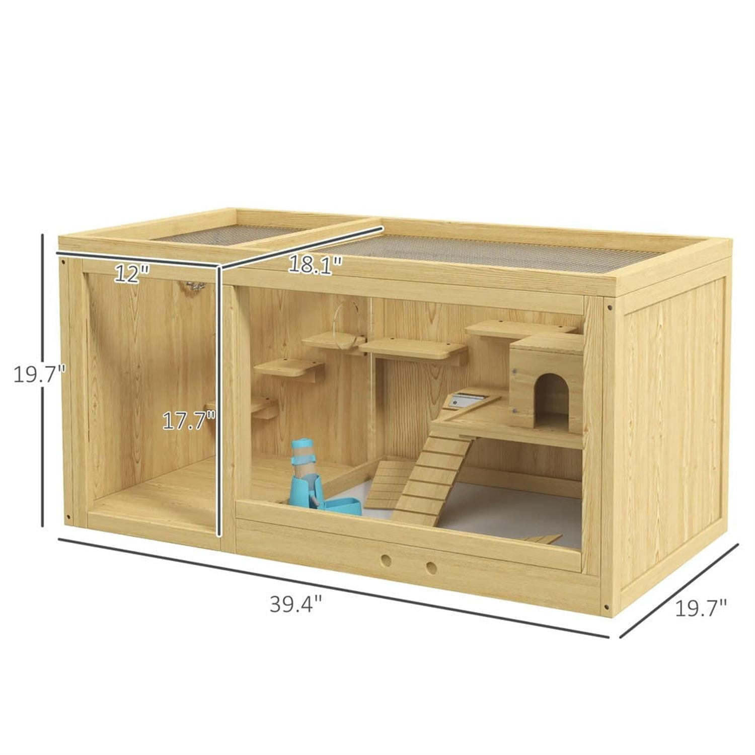 Kadyn 39" Wooden Hamster Cage with Pull-out Tray, Seesaws, Ladder, Large Small Animal Habitats for Guinea Pig Cages, Beige