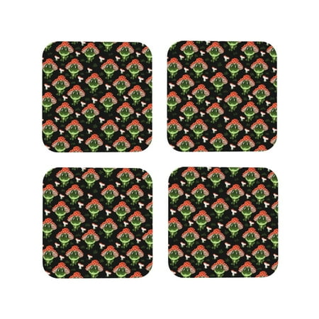 

KLL Drink Coasters Set Square of 4 PU Leather Absorbent Coasters Set Decorative Coffee Cup Coasters Housewarming Gift for Home Decor-Frogs In Mushroom Hats