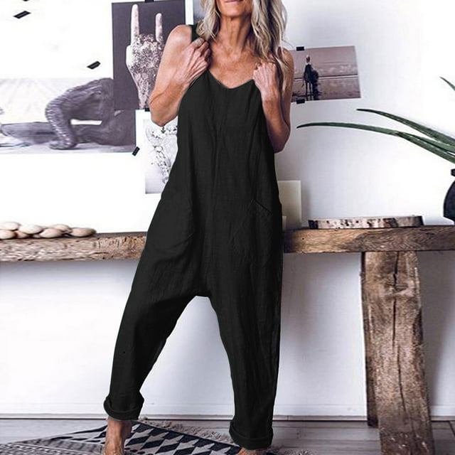 LSLJS Combinaison Pantalon Ample Sans Manches en Coton et Lin pour Femme, Bretelles Spaghetti, Extensible, Unie, avec Poches