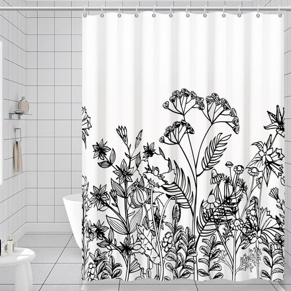 Black and White Shower Curtain Botanical Floral Bathroom Curtains,72x72 inch