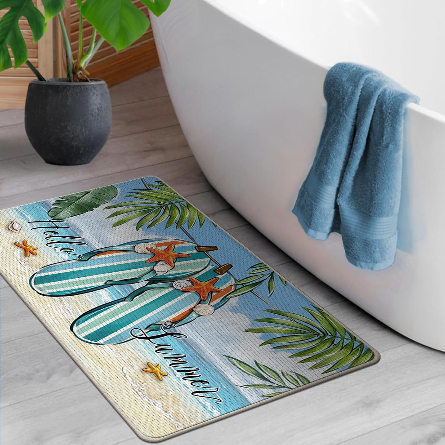 Hello Summer Flip Flops Decorative Front Door Mat, Beach Coastal Tropical Doormat Indoor Outdoor Non-Slip Floor Entryway Rug, Hawaii Palm Leaves Nautical Home Kitchen Decoration 17x30 Inch