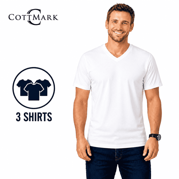 Cottmark Men’s V-Neck Classic Soft T-Shirt, White, Size 2XL, 3-Pack