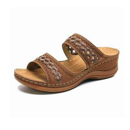 

Juebong Women Wedges Casual Slides Sandals with Arch Support Shoes - Ladies Casual Platform Open Toes Slides Brown 4.5