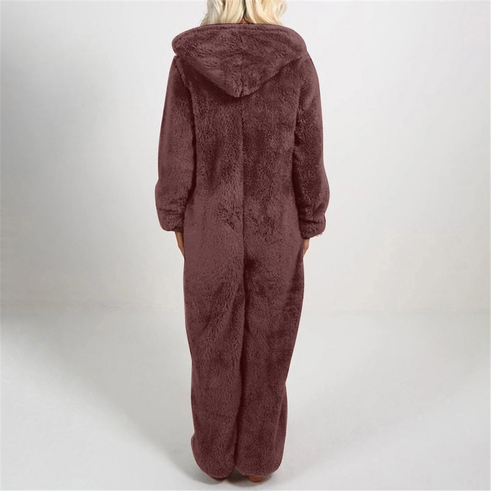 Women Zip up Fleece Hoodie Plush Long Sleeve Pajama One Piece Bodysuits Outfits Sleepwear Hooded Jumpsuit Loungewear