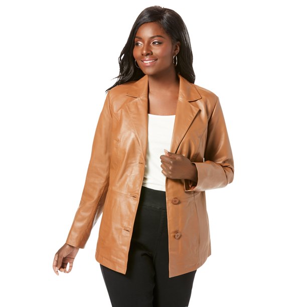 Jessica London Women S Plus Size Leather Blazer 14 W Cognac Brown Com Leather Blazer, Womens Black Winter Coat Size 14 5