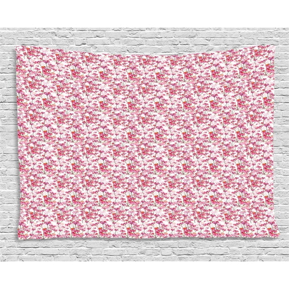 Cherry Blossom Tapestry, Bubbly Petals of Kawazu Type Japanese Sakura Tree Illustration, Wall Hanging for Bedroom Living Room Dorm Decor, 60W X 40L Inches, Pink Green and Orange, by Ambesonne