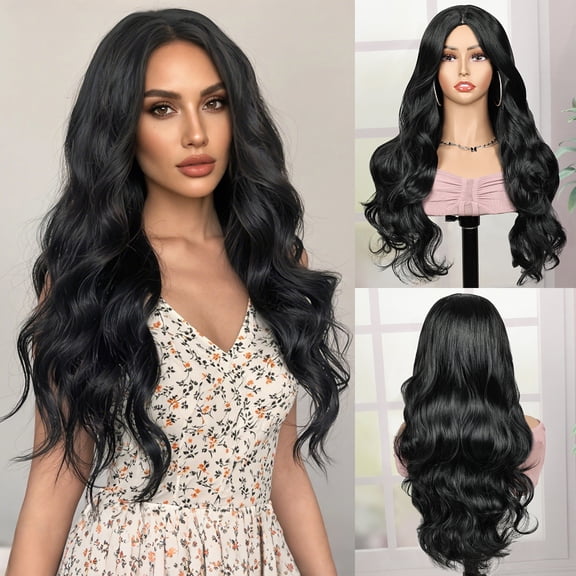 Queentas 22 inch Black Wigs for Women Long Deep Wave Wig Synthetic Heat Resistant Wig for Daily Party Use (Black)