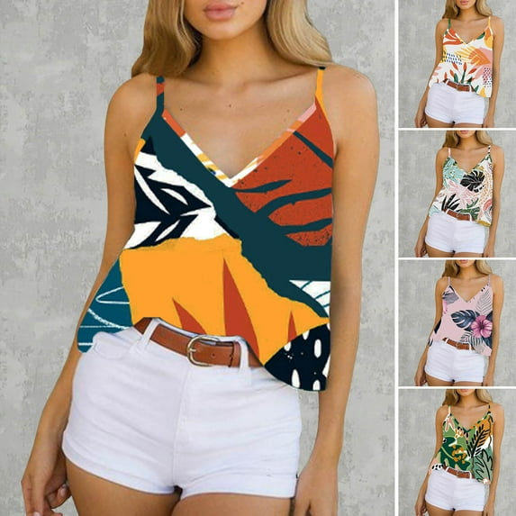 Dream Lifestyle Casual Camisole Sleeveless Deep V Neck Spaghetti Strap Leaf Print Female Cami Undershirt Streetwear