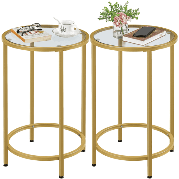 Topeakmart 2 Pieces Round Glass Top Bedside Table End Table Accent Table with Metal Frame, Gold