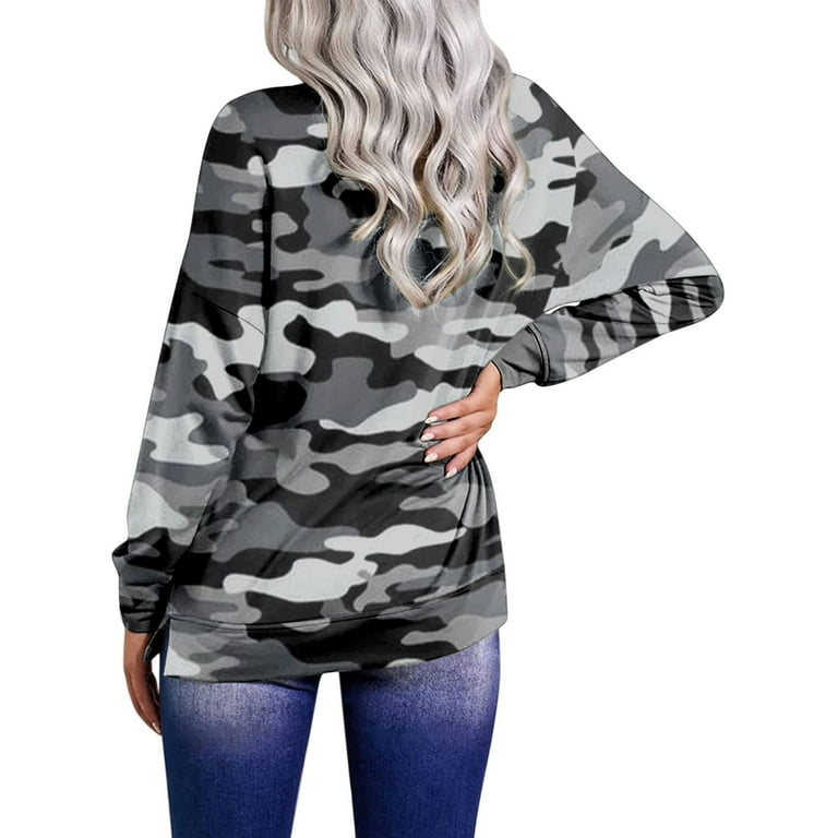 Long Sleeve Pullover for Women Fall Fashion Casual Camo Print V Neck Sweater Sexy Lapel Side Split Zip Up Sweatshirt Reduced Price and Clearance Sale Walmart