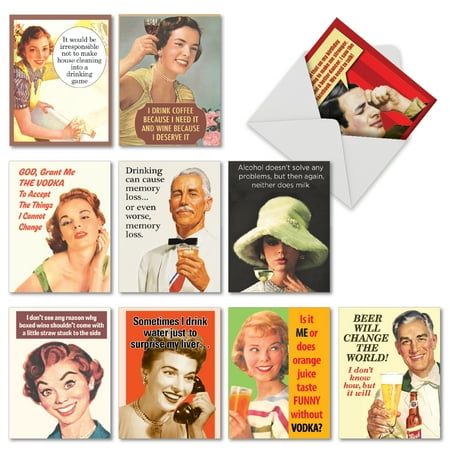 M6619BDG RETRO TOASTS' 10 Assorted Birthday Cards Featuring an Assortment of Vintage Images with Funny Phrases Related to Drinking, with Envelopes by The Best Card