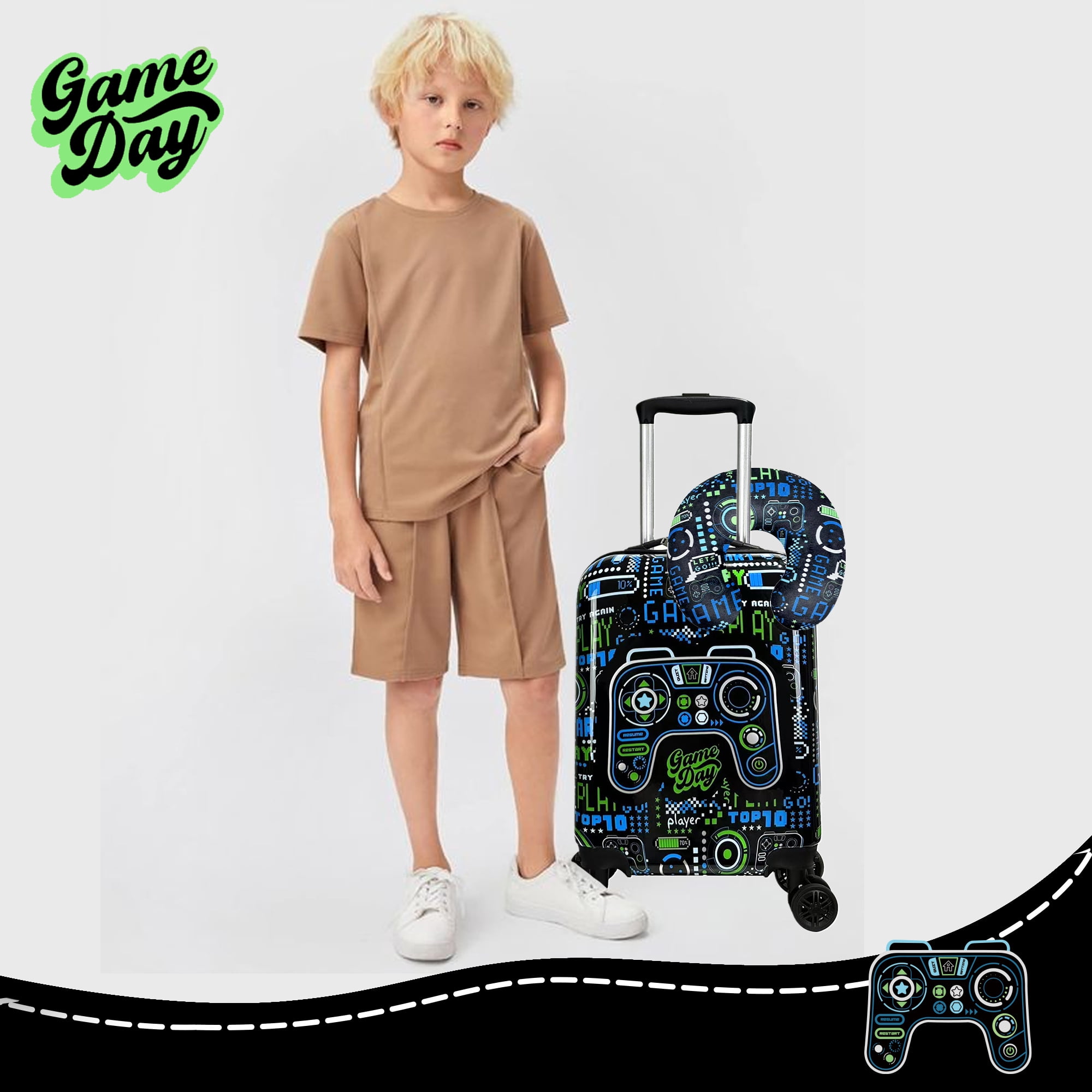 Kids Carry on Luggage Sets 2 Piece with Travel Pillow Hardshell Kids' Suitcases for Boys with Wheels Toddler Travel Essentials Airline Approved
