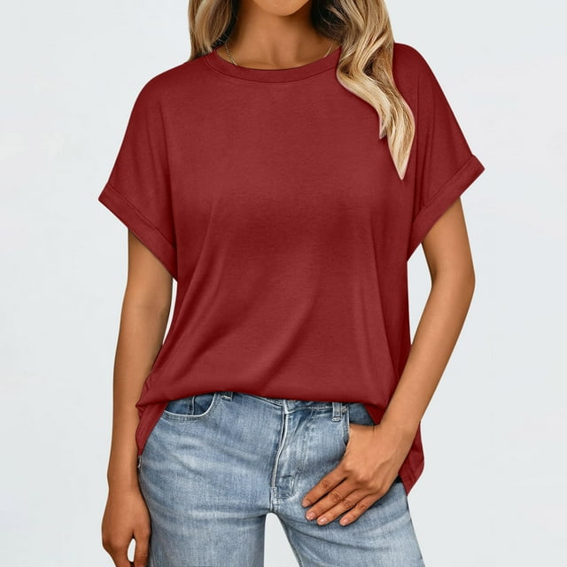 Binmer Women's Solid Color Casual Bate Sleeve Round Neck Short Sleeved