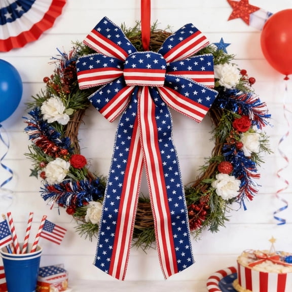 Dongrere 4th of July Bows for Wreath, Patriotic Red White Blue Stripe Stars Bow for Independence Day Memorial Day, 22x9.8 Inch