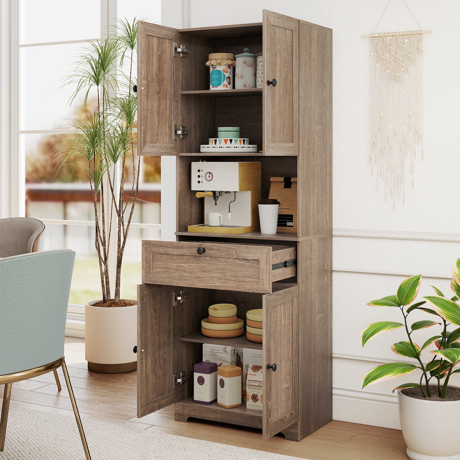 Gymax 67.5'' Kitchen Pantry Cabinet w/4 Doors 1 Drawer Open Countertop Adjustable Shelf Gray Oka