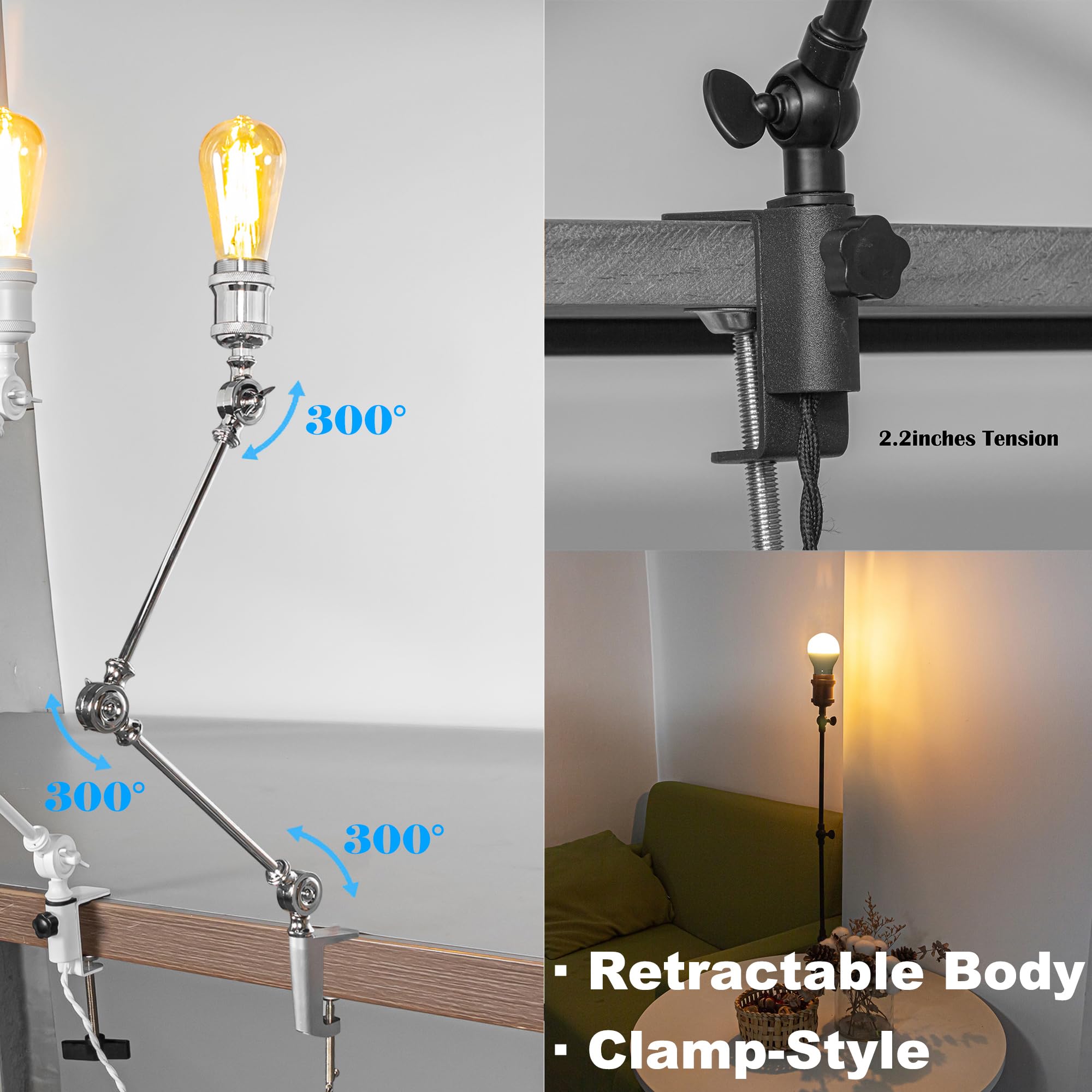Kiven Dimmable Clip-on Desk Lamp, 1-Light Crystal Modern Nightstand Lamp with Flexible Swing Arm, 8.2FT Plug in Cord, Decorative Clamp Lamp for Bookshelf Office Bedside E26 Sokcet,Silver
