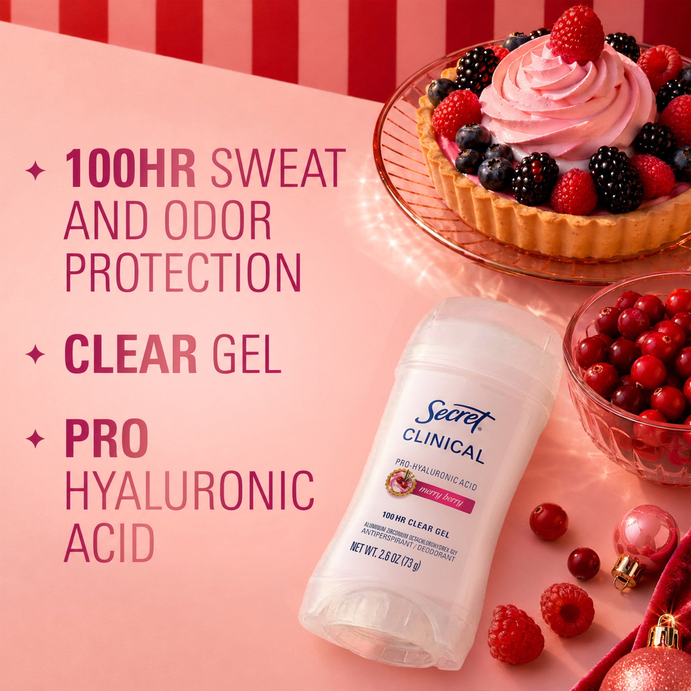 Secret 100HR Holiday Clinical Antiperspirant Deodorant for Women, Pro-Hyaluronic Acid, Clear Gel, Merry Berry, 2.6 oz