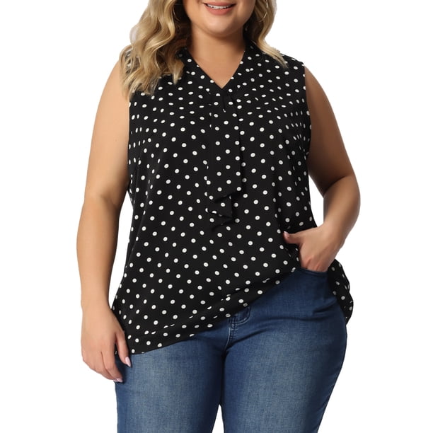 Blusas clásicas sin mangas de cuello en V con lazo de lunares para mujeres de tallas grandes Agnes Orinda 3X negras