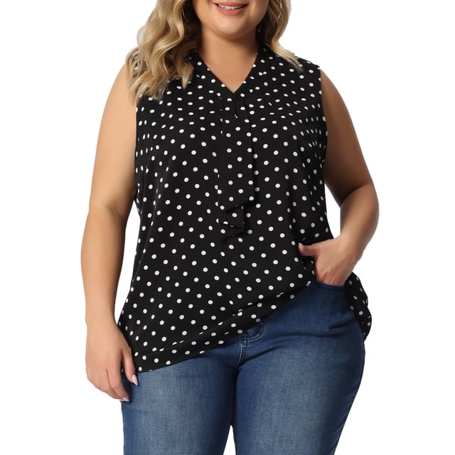 Blusas clásicas sin mangas de cuello en V con lazo de lunares para mujeres de tallas grandes Agnes Orinda 4X negras
