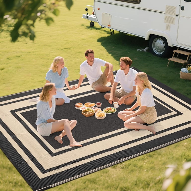 YANMUXIAN Reversible Outdoor Rug, Black and Beige, 5'x8