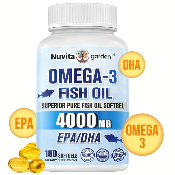 Omega-3 Fish Oil Support Heart General & Brain Health Dietary Supplement Softgels, 4000 mg, 180 Softgels