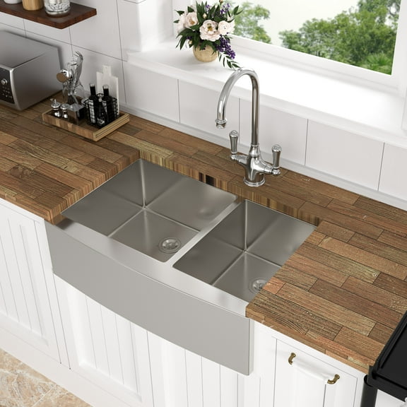 Mocoloo 33-Inch Farmhouse Sink Double Bowl 60/40 Apron Front 16 Gauge Stainless Steel Farm Style Kitchen Sink
