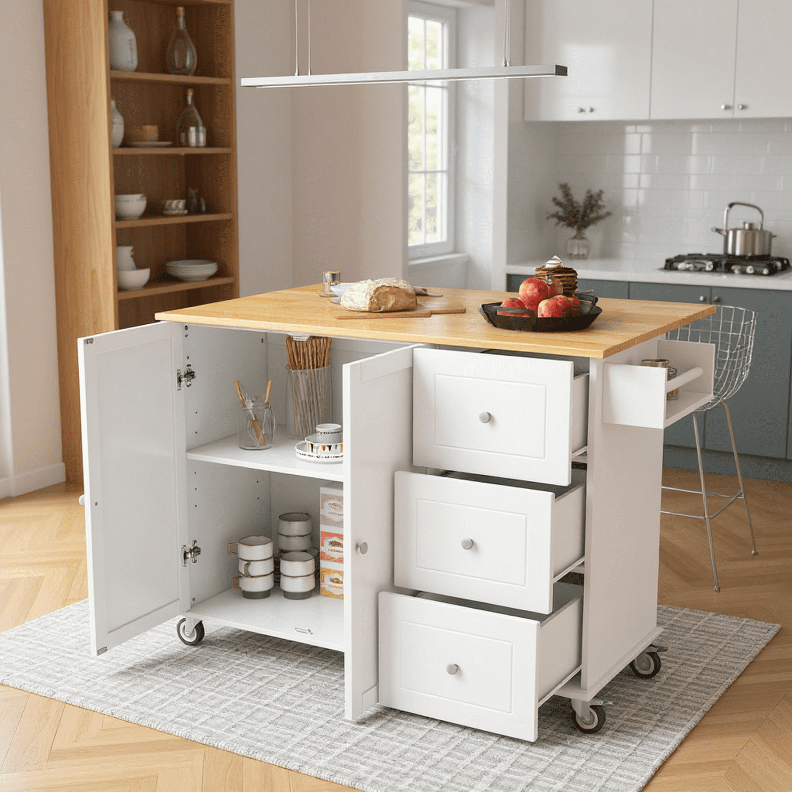 Homy Casa 52.7" Rolling Kitchen Island with Solid Wood Top, Storage Cabinet, Drawers & Drop Leaf, White
