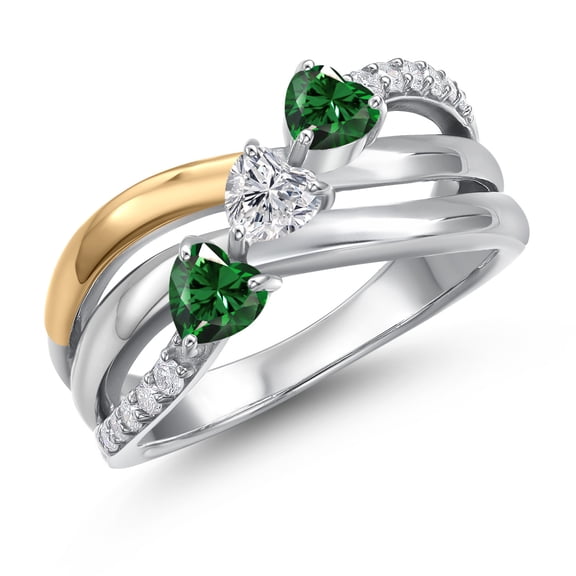 Gem Stone King 925 Silver and 10K Yellow Gold Green Nano Emerald and Lab Grown DiamondEngagement Ring for Women | 1.18 Cttw | Heart Shape Gemstone May Birthstone | Size 7