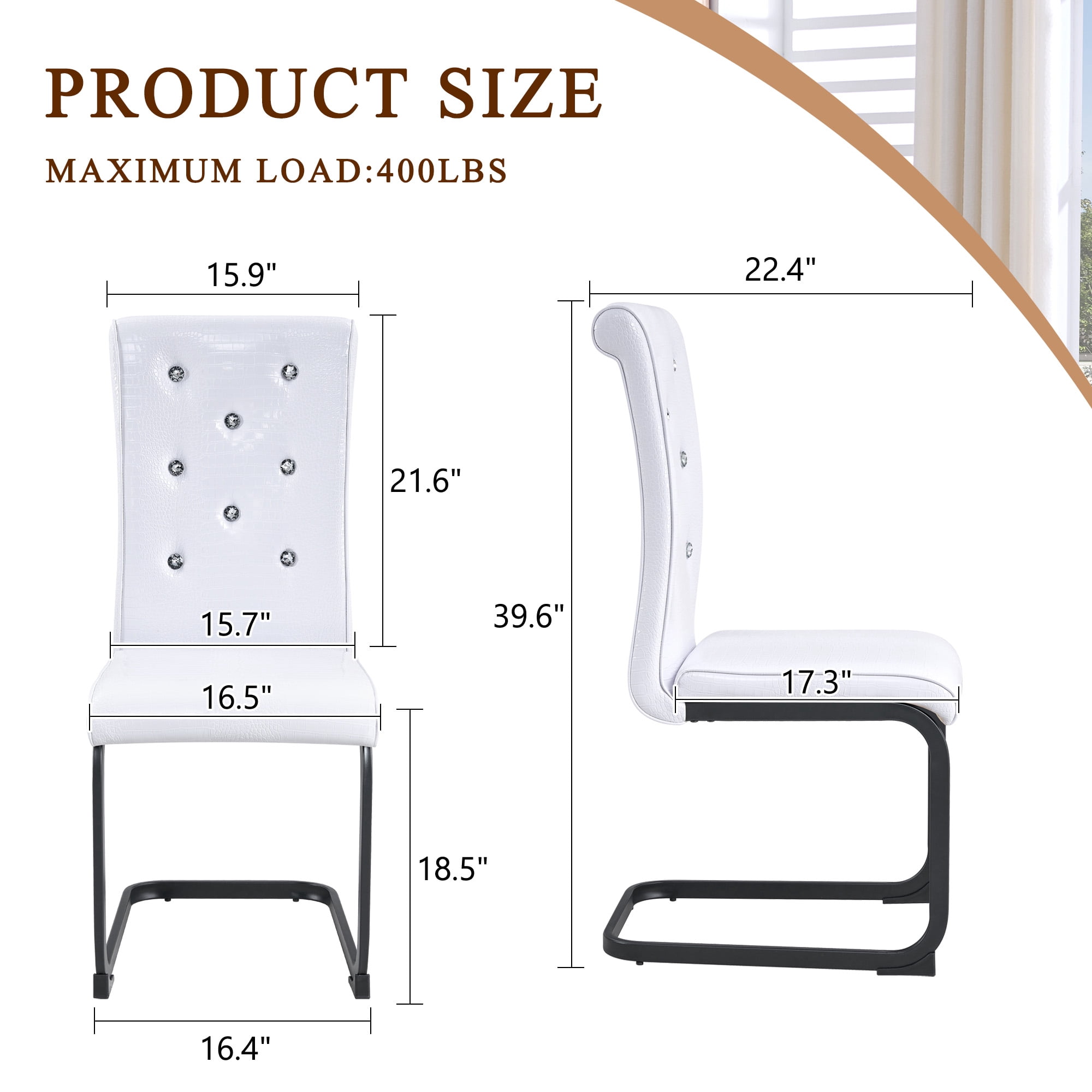Aukfa Modern Dining Chairs Set of 2 , 400 lbs Heavy-Duty Faux Alligator Leather Kitchen Chairs with Crystal Button Tufted High Back,White