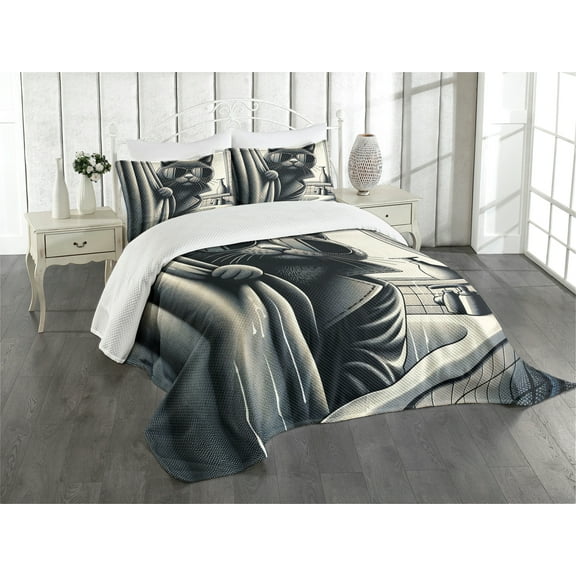Ambesonne Cat Quilted Bedspread Set 3 Pcs, Cool Detective Kitty Monochrome, King Size, Dark Grey Pale Sepia