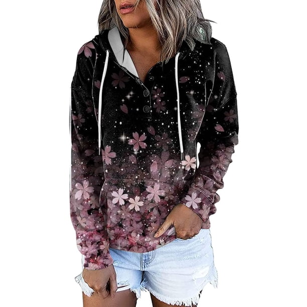 Tops para mujer Camisas Blusas Elegantes Camisas casuales de manga larga Estampado de cuello redondo Sudadera suelta con capucha Bolsillo con cordón Odeerbi ODB-5