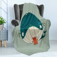 thumbnail image 4 of Whale Soft Flannel Fleece Blanket, Greedy Little Cat Sitting down to Dine on a Huge Fish Dinner of Whale Cartoon, Cozy Plush for Indoor and Outdoor Use, 50" x 60", Almond Green Teal, by Ambesonne, 4 of 5