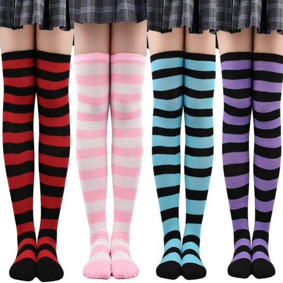 Summark 4 Pack Womens Long Socks Striped Thigh High Socks Cotton Over the Knee Socks Leg Warmers Christmas Stockings