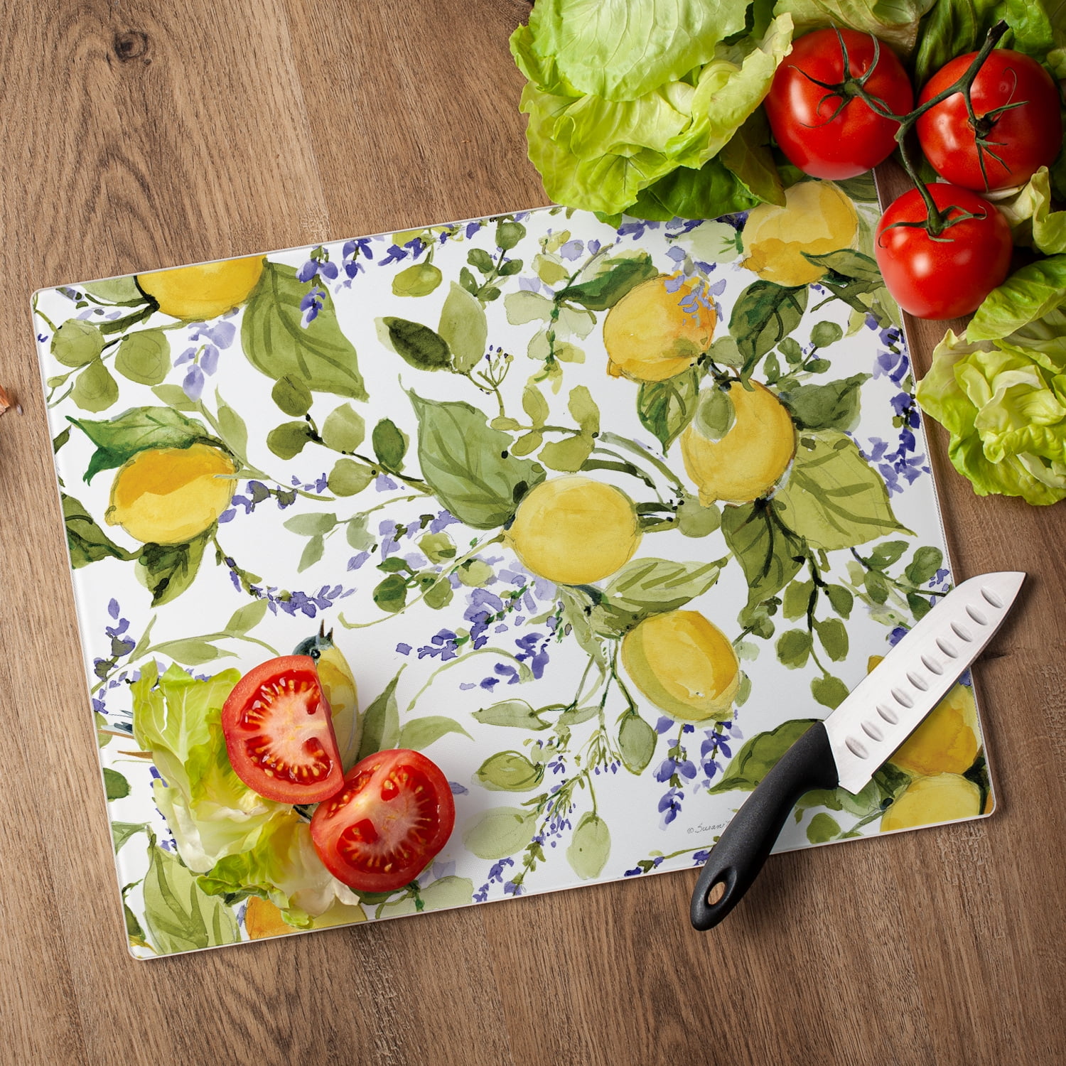 CounterArt Watercolor Lemons 3mm Tempered Glass Cutting Board 15" by 12"