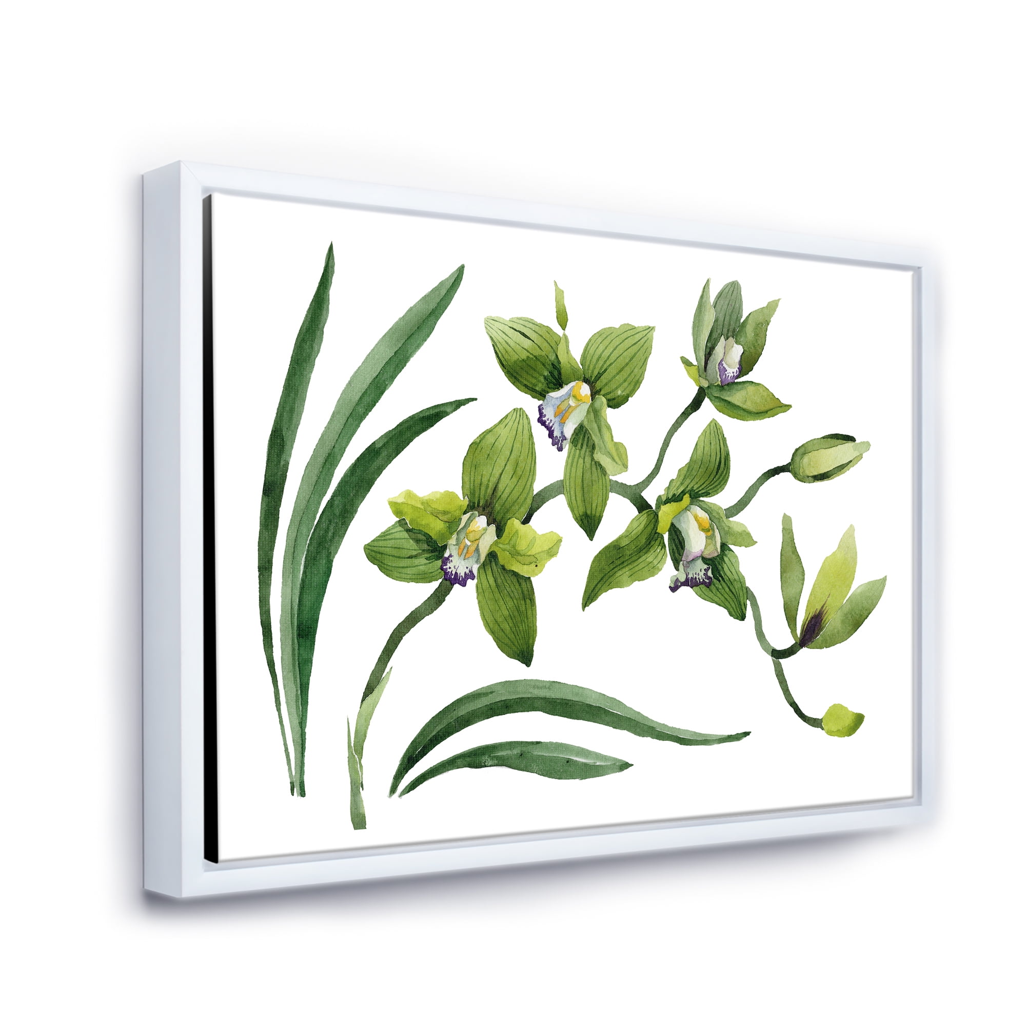 Designart 'Green Orchid Flowers On White' Traditional Framed Canvas Wall Art Print