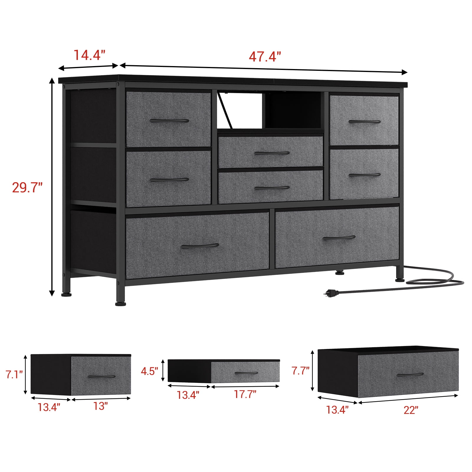 KOKEBREN 47.4"Wide Dressers for Bedroom 8 Fabric Drawers Dresser with LED lights & Power Outlet TV Stand for 55" TV,Gray