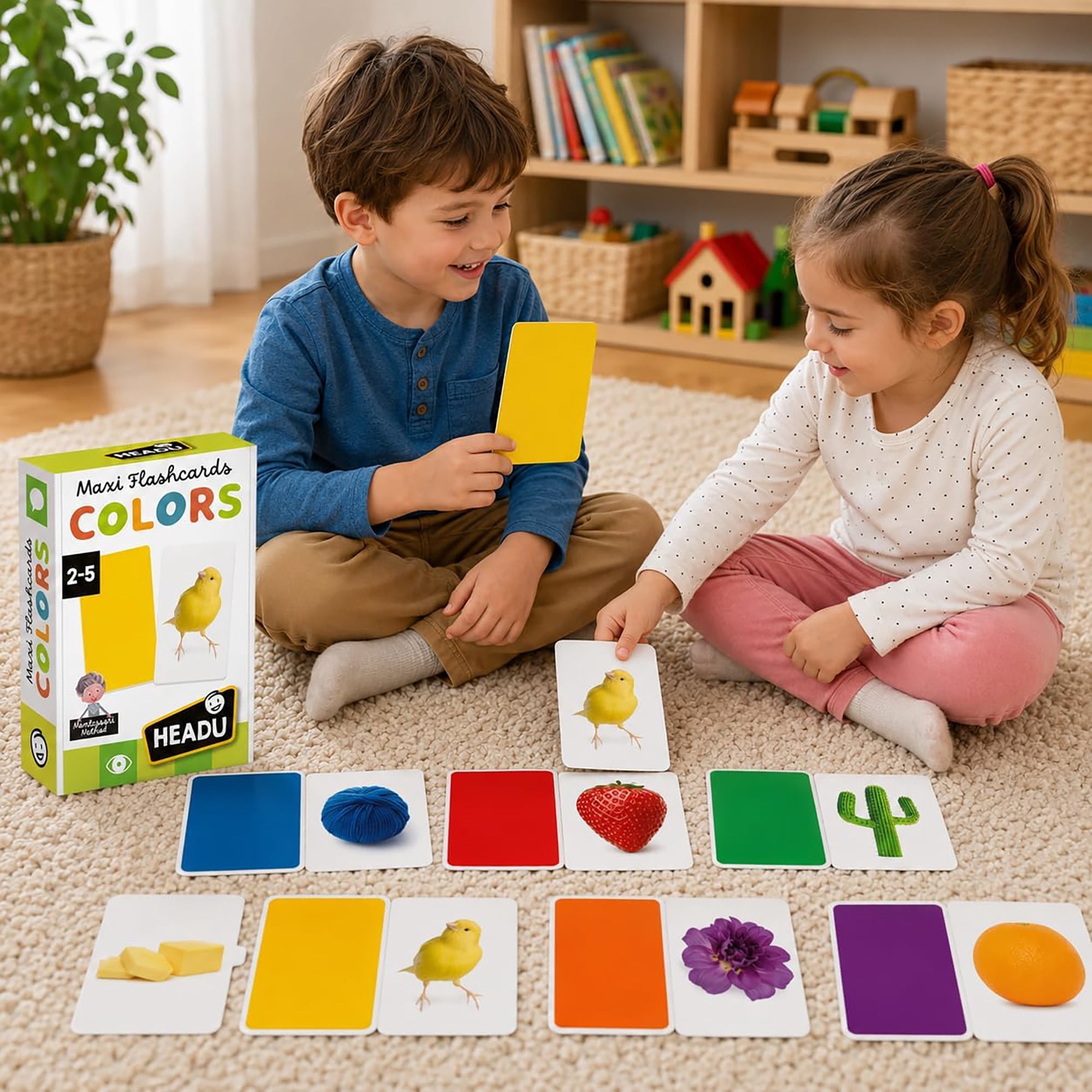 Headu: Maxi Flashcards - Colors - Sorting & Matching Game, Large Illustrated Cards, Visual Association Play, Preschool Montessori Activity Toddler 2-5