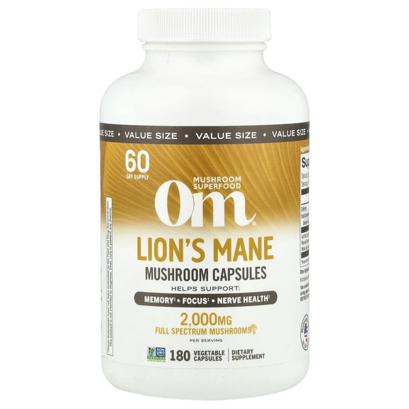 Om Lions Mane Mushroom Superfood Vegan Capsules, 180 Count