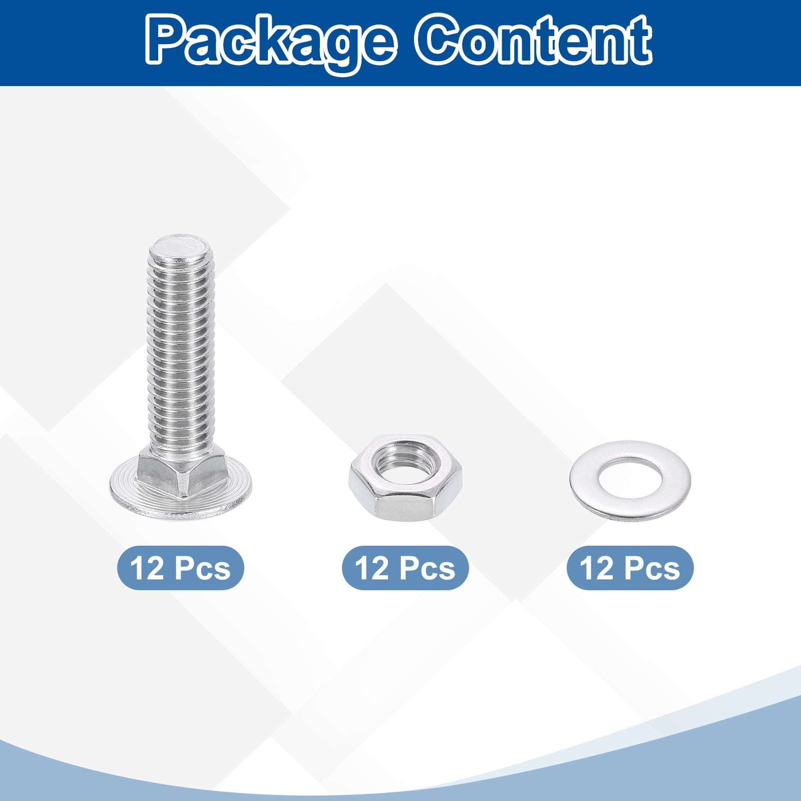 12 Set Carriage Bolts and Nuts Kit, 1/2"-13x2" Stainless Steel 304 Round Head Square Neck Carriage Bolts Screws and Hex Nuts and Flat Washers - Silver