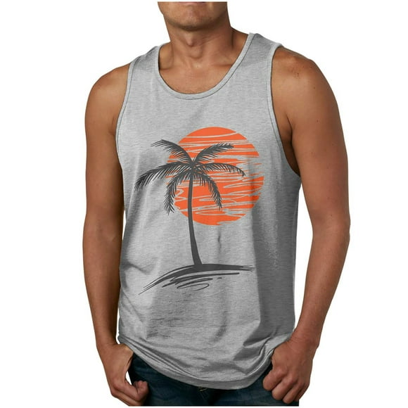 LSLJS Tank Tops Men Coconut Tree Sunset Print Sleeveless Muscle Shirt Beach Tank Tops