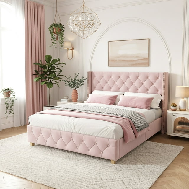 Linen Upholstered Platform Bed -Mattress Not Included