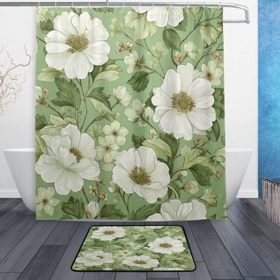 TTYFWHD 60" x 72" Shower Curtain and Bath Mat Set Soft Green Floral Seamless Waterproof Bathroom Curtain with 12 Hooks, Bathroom Decor Set